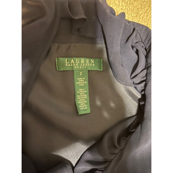 Ralph Lauren Wrap Dress 2 XS Faux Silk Navy Blue Ruffle Career Church Party - Picture 7 of 7